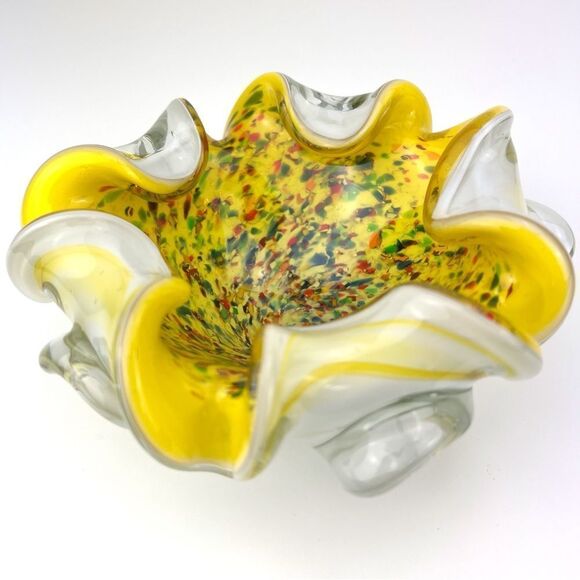 Murano Art Glass Millefiori Cased Bowl Yellow Gold Flake Multicolor Tutti Frutti - Picture 5 of 9